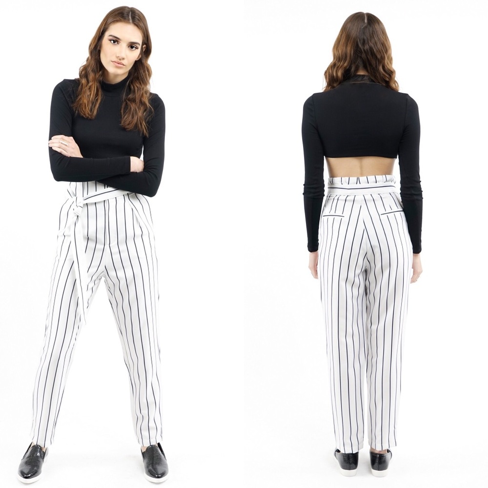 White and Black Pinstripe High Waisted Pants